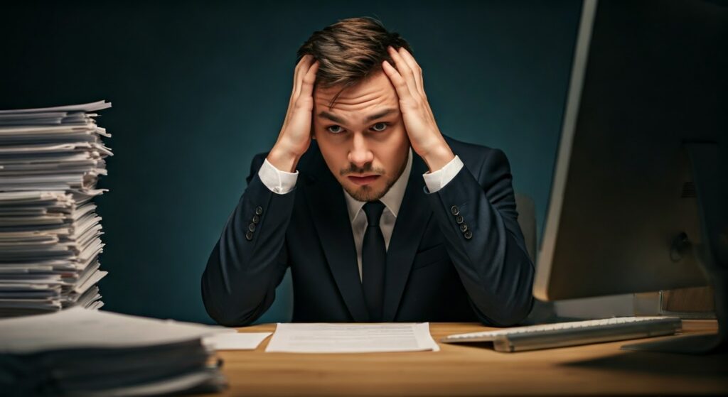 Traumatic stress: Stressed person at a cluttered desk