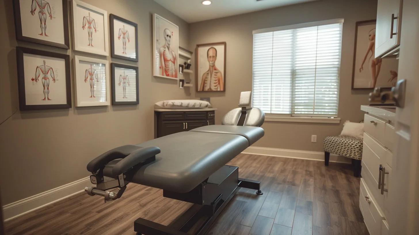 an inviting chiropractic clinic interior, featuring a modern treatment room with a sleek adjustment table, soft, warm lighting, and anatomical posters highlighting common musculoskeletal conditions, evoking a sense of professionalism and healing to help manage chronic pain.