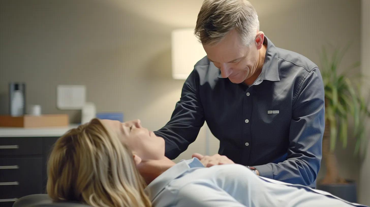 a focused chiropractor in a modern, well-lit office setting gently adjusts a patient on a treatment table, highlighting the professional and caring approach of drug-free to manage chronic pain.